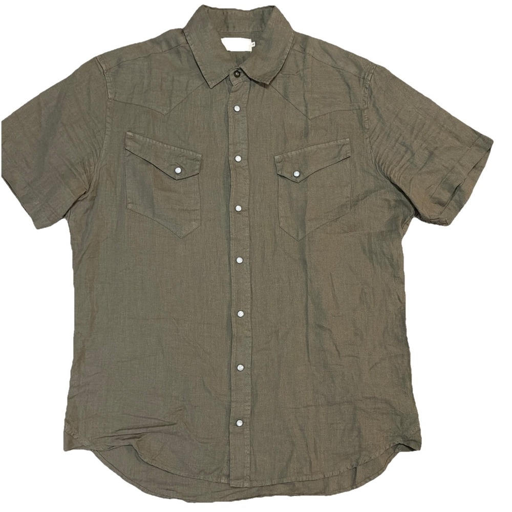 Taylor Stitch Shirt 44 XL Men's Green 100% Linen Western Pearl Snap Short Sleeve